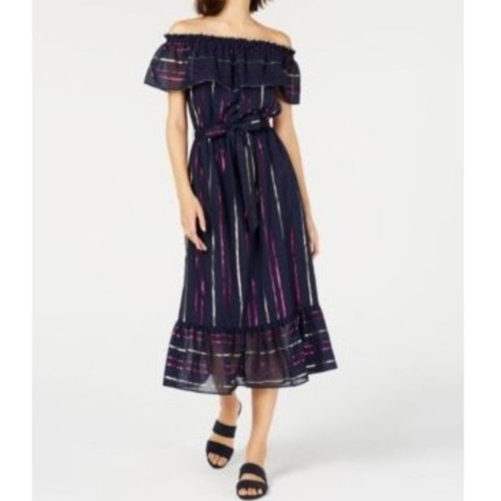 Maison Jules Blu Foil Stripes Dress Off shoulder glitter golden purple Pink XS